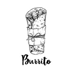 Hand drawn sketch style burrito wrap with meat pieces in paper package. Traditional Mexican cuisine illustration. Fast food. Street food drawing. Best for restaurant menu and package design.