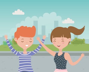 happy couple celebrating in the park scene vector illustration