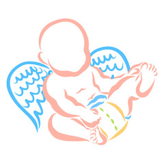winged baby plays with his legs, colorful outline