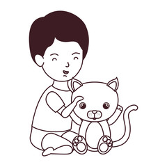 silhouette of little kid playing with lovely kitten