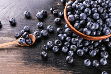 Perfectly ripe freshly picked local produce blueberries. Close up, copy space for text, top view, background. Healthy vegan snacks full of antioxidants. Seasonal summer berries.