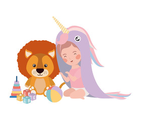 little kid playing with lovely lion