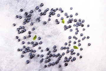 Perfectly ripe freshly picked local produce blueberries. Close up, copy space for text, top view, background. Healthy vegan snacks full of antioxidants. Seasonal summer berries.