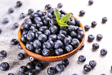 Perfectly ripe freshly picked local produce blueberries. Close up, copy space for text, top view, background. Healthy vegan snacks full of antioxidants. Seasonal summer berries.