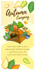 Vertical banner with camping equipment on the autumn background. Vector illustration