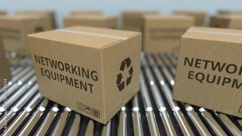 Aufkleber cartons with networking equipment on roller conveyors. loopable 3d animation