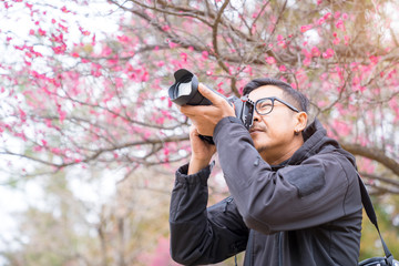 Photographer shooting a picture sakura blossom in Japan, Japan tourist concept