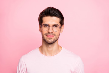 Close-up portrait of his he nice attractive lovely calm peaceful intellectual guy wearing specs isolated over pink pastel background