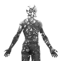 Paintography. Double exposure of a young shirtless male model blended with hand drawn paintings