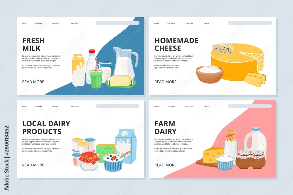 Wall mural Farm dairy landing page. Fresh milk, homemade cheese vector illustration. Dairy web banner