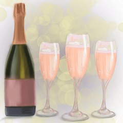 a bottle of champagne and three glasses of champagne on a colored background