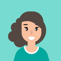 smiling girl avatar. cute smiling woman with black hair. flat icon on blue background.
