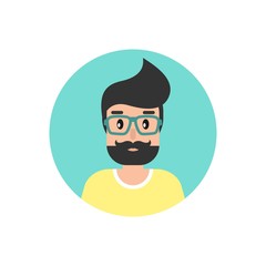 man avatar in circle. cartoon guy with black hair, beard and glasses.