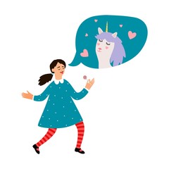 Girls dream. Cute cartoon girl dreams about unicorn. Vector happy print isolated on white background