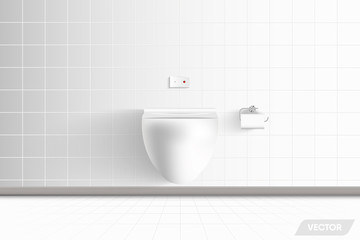 Realistic Toilet Bowl and Modern Architecture of  Interior Resting Room and Decorative Design., WC Hygiene Seat on Ceramic Tiles Background. Vector 3D Idea Creative Design, Illustration
