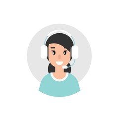 Happy female operator with headphones and microphone in blue circle.