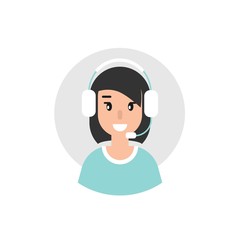 Happy female operator with headphones and microphone in blue circle.