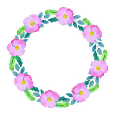 Watercolor hand painted floral wreath of pink roses isolated on white background.