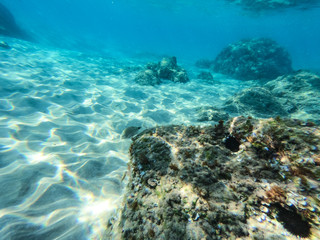 Underwater view of the rocks, sand and stones. The sandy and rocky bottom of the sea with some sun rays.