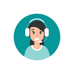 Happy female operator with headphones and microphone in blue circle.