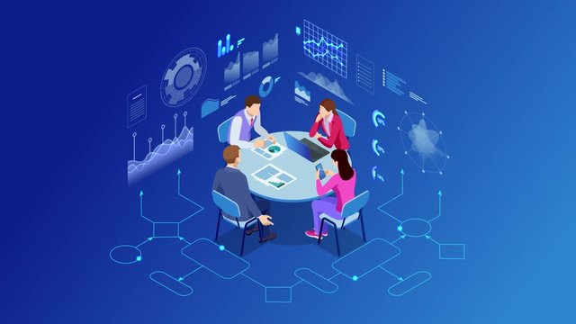 Isometric business people talking conference meeting room. Team work process. Business management teamwork meeting, brainstorming, contemporary management. HD Video.