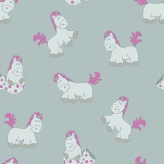 Cartoon unicorns with pink manes and tails. Light blue background.