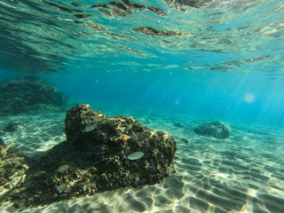 Underwater view of the rocks, sand and stones. The sandy and rocky bottom of the sea with some sun rays.