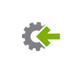 Gear and right green arrow icon isolated on white. Green and grey colors. Vector flat illustration for technology