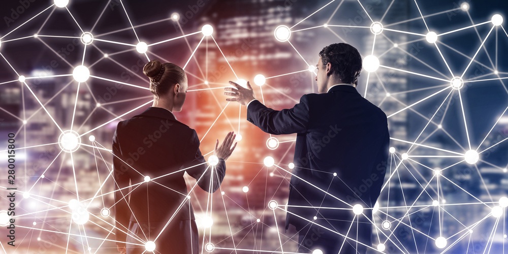 Poster concept of social connection and networking against night city view and partners working in cooperat