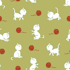 Seamless pattern of funny cartoon white kittens playing with red yarn ball.