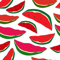 Seamless hand drawn shabby watermelon pattern. Slices with red flesh and black seeds