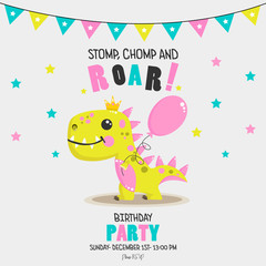 Cute baby girl dinosaur with balloon. Birthday invitation