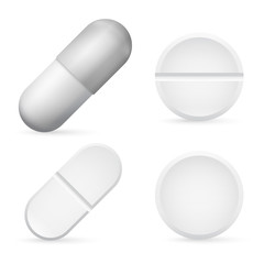 Pills Capsules Template, 3d Realistic White Medical Pill Icon Set Closeup. Pharmacy treatment. Vector