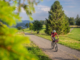 Mountain biker Riding on country road near Todtnauberg, Baden-Württemberg, Germany