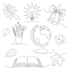 vector monochrome set of different school attributes drawn in continuous line style.