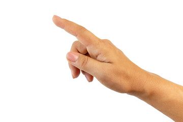Woman hand with finger pointing to something cut out on a white background.