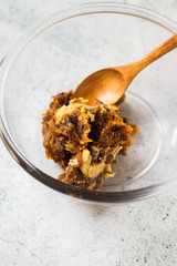 Sweet dried fruits cream paste with dates and peanut butter.