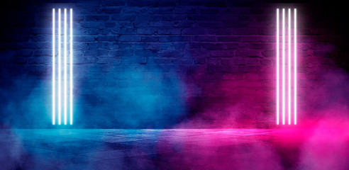 Background of an empty dark-black room. Empty brick walls, lights, smoke, glow, rays