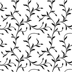 Seamless pattern. Thin delicate twigs with leaves isolated on white background. Texture for print, wallpaper, home decor, textile, package design
