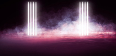 Background of an empty dark-black room. Empty brick walls, lights, smoke, glow, rays