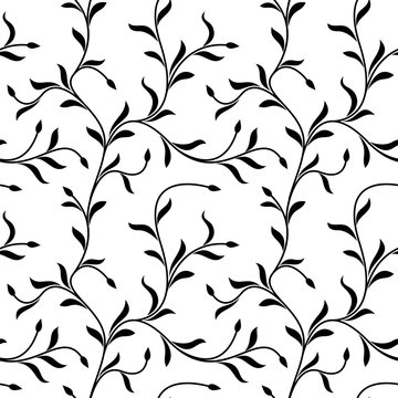 Seamless pattern. Thin delicate twigs with leaves isolated on white background. Texture for print, wallpaper, home decor, textile, package design