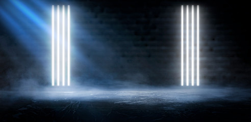 Background of an empty dark-black room. Empty brick walls, lights, smoke, glow, rays