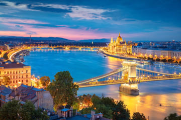 Fototapeta na wymiar Budapest, Hungary. Aerial cityscape image of Budapest with Chain Bridge and parliament building during summer sunset.