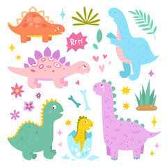 Fototapeta na wymiar Cute dinosaurs vector illustrations on white background. Funny baby animals clipart for children