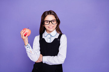 Portrait of her she nice attractive lovely intelligent cheerful cheery genius pre-teen girl holding...