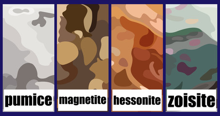 Set of square brochures with the image of the surface of the four minerals. Rectangle template brochure, report, catalog, magazine. Abstract background.