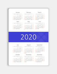 Vector calendar 2020 year. Week starts from Sunday