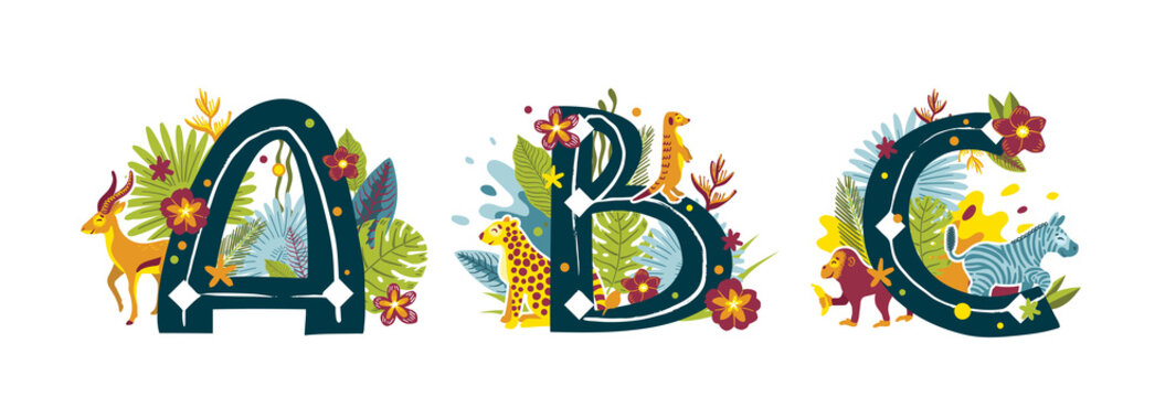 Tropical exotic letters ABC, african animals, flowers. Cute cartoon flat style font