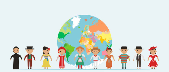 Naklejka premium World kids. International friendship day! Vector illustration of diverse Children Holding Hands around the planet