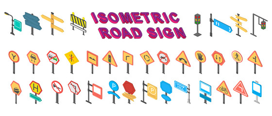 Set of vector isometric illustrations, icons of road signs and direction signs